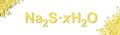 Sodium sulfide flake with chemical formula. Chemical used in the pulp and paper industry, water treatment, textile industry, and