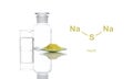 Sodium sulfide flake in Chemical Watch Glass place next to beaker and Chemical Reagent Bottle Glass. The structure of a chemical