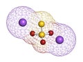 Sodium thiosulfate, chemical structure. 3D rendering. Atoms are represented as spheres with conventional color coding: sulfur (