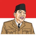 Soekarno the First President of Republic of Indonesia. Vector Portrait with Indonesian Flag Background. November 1, 2017