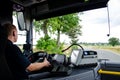 Soest, Germany - August 1, 2019: Bus driver at work. View Inside Bus Royalty Free Stock Photo
