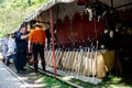 Soest, Germany - August 4, 2019: Medieval festival participants near medieval gun smith shop. Soester Fehde 2019