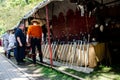 Soest, Germany - August 4, 2019: Medieval festival participants near medieval gun smith shop. Soester Fehde 2019