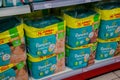 Soest, Germany - January 9, 2018: Pampers pack for sale in the Rossmann store. Pampers is an American name brand of baby and