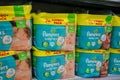 Soest, Germany - January 9, 2018: Pampers pack for sale in the Rossmann store. Pampers is an American name brand of baby and