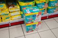 Soest, Germany - January 9, 2018: Pampers pack for sale in the Rossmann store. Pampers is an American name brand of baby and