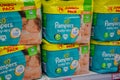 Soest, Germany - January 9, 2018: Pampers pack for sale in the Rossmann store. Pampers is an American name brand of baby and
