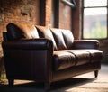 Sofa on abandoned industrial background. Generative AI