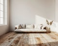 Sofa against empty wall with copy space in simple living room interior Royalty Free Stock Photo