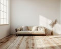 Sofa against empty wall with copy space in simple living room interior Royalty Free Stock Photo