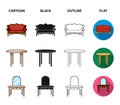 Sofa, armchair, table, mirror .Furniture and home interiorset collection icons in cartoon,black,outline,flat style