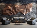 Sofa and armchairs near stone 3d panel wall with copper decorative abstract wall decor. Interior design of modern room