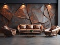 Sofa and armchairs near stone 3d panel wall with copper decorative abstract wall decor. Interior design of modern room