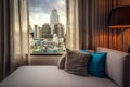 Sofa bed and Room inside and Bangkok city view from condominium windows Royalty Free Stock Photo