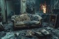 Sofa burning in fire damaged luxury home interior, showing the devastating effects of a house fire Royalty Free Stock Photo