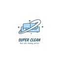 Sofa cleaning service logo in cartoon comic playful fun style symbol icon with shining look blink and super clean