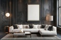 Sofa and coffee table against black panelled walls