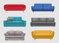 Sofa comfortable. Realistic furniture for lounge room modern interior items colorful sofa decent vector illustration