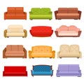 Sofa and couches colorful cartoon illustration vector set. Collection of comfortable lounge for interior design isolated on white Royalty Free Stock Photo