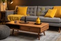 pillow home interior cushion yellow decor sofa modern house table grey. Generative AI.