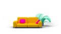 Sofa 3D and Tropic Plant front view Render Illustration