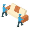 Sofa delivery icon isometric vector. Two delivery service worker carry new sofa