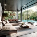 Sofa and dining table and chairs against panoramic window with swimming pool view. Interior design of modern elegant living room