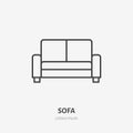 Sofa flat line icon. Apartment furniture sign, vector illustration of living room couch. Thin linear logo for interior