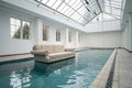 Sofa floating in swimming pool in minimalist interior Royalty Free Stock Photo