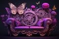 Sofa From Gears Flowers And Butterflies And Pinkviolet. Generative AI Royalty Free Stock Photo