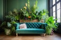 A sofa inbetween lots of plants in a room