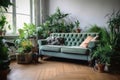 A sofa inbetween lots of plants in a room