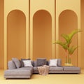 Sofa L shape wiht pot plant and yellow arch wall interior space