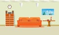 Sofa orange living room interior with coffee cup on table and cabinet clock in wall background flat design vector illustration