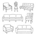 sofa outline doodle icon set