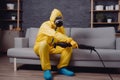 sofa pest pesticide uniform termite exterminator insect cockroach kill control. Generative AI.