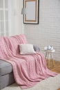 sofa with pink plaid interior near window Royalty Free Stock Photo