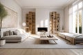 Sofa and poufs against fireplace and wooden shelving units. Scandinavian home interior design of modern living room. Created with Royalty Free Stock Photo