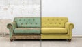 Before and After Sofa Restoration A before and after image showcasing professional sofa upholstery cleaning and restoration A Royalty Free Stock Photo