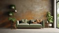 sofa in room with grunge stucco wall and much greenery