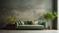 sofa in room with grunge stucco wall and much greenery