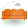 Sofa, round carpet, metal floor lamp in room. Cozy home interior of living room for relaxing. Vector illustration in flat style. Royalty Free Stock Photo