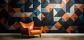 a sofa with wallpapered wall with a geometric pattern