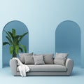 Sofa wiht pot plant and blue arch wall interior space