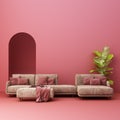 Sofa wiht pot plant and red arch wall interior space