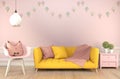 Mock up sofa yellow Pink chidren room interior minimal design. 3D rendering