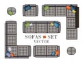 Sofas Armchair Set. Top view. Furniture with Stitching , Pouf, Pillows for Your Interior Design. Flat Vector Illustration. Scene Royalty Free Stock Photo