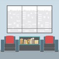 Sofas With Bookcase In Front Of Wide Glass Window Royalty Free Stock Photo