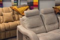 Sofas and upholstery samples in the exhibition hall Royalty Free Stock Photo