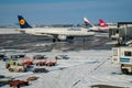 Sofia Airport, Bulgaria, January 27 2014, Airplanes lined up at the gates in snow at Sofia Airport